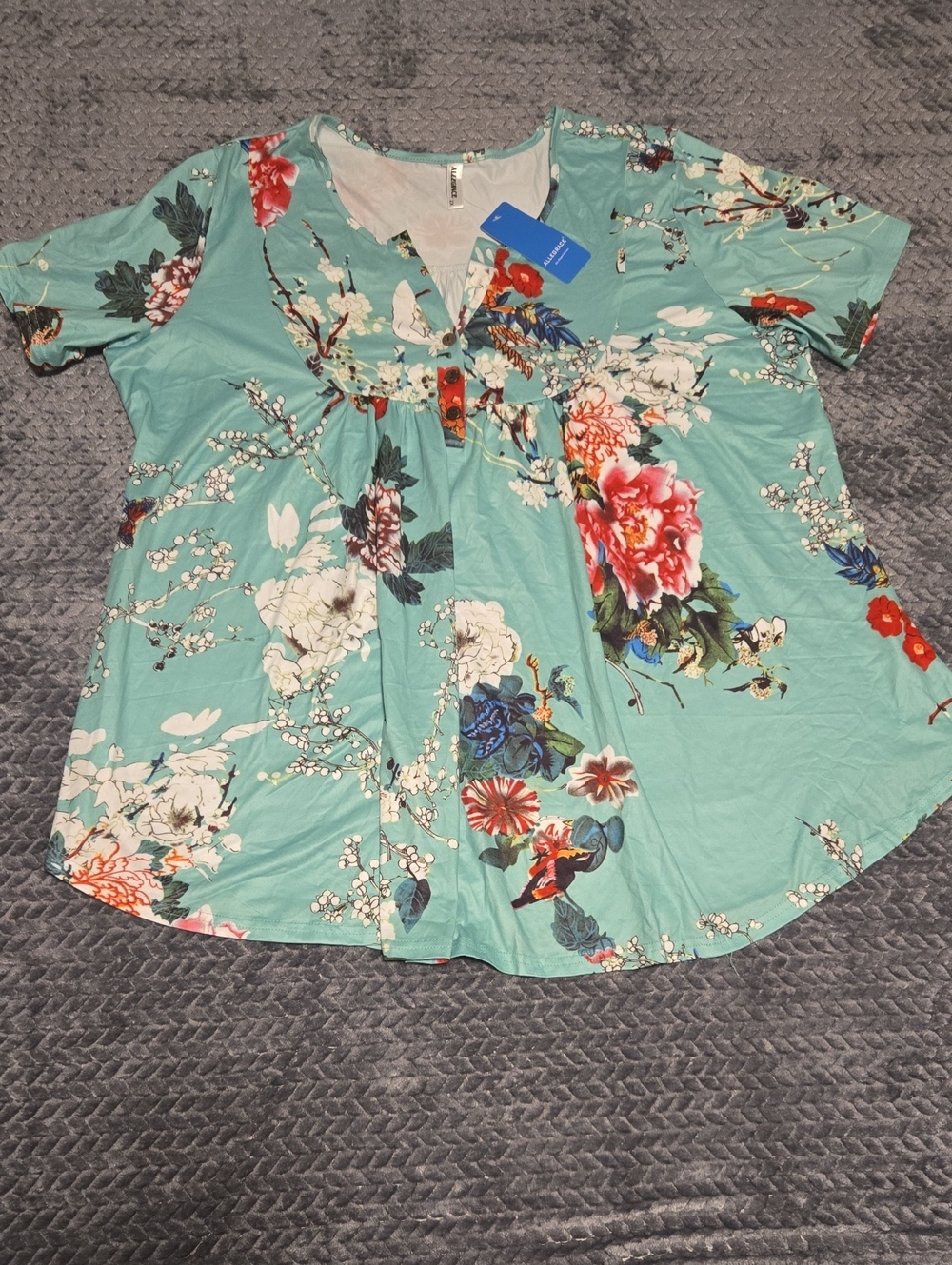 Aqua Floral V-Neck Short Sleeve Blouse